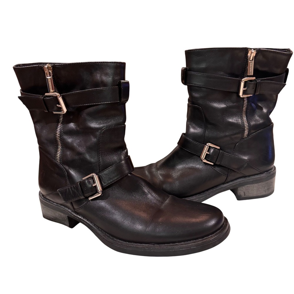 AQUATALIA Moto Biker Boots Leather Black Buckle Faux Zipper Women Sz.  40/9.5 US